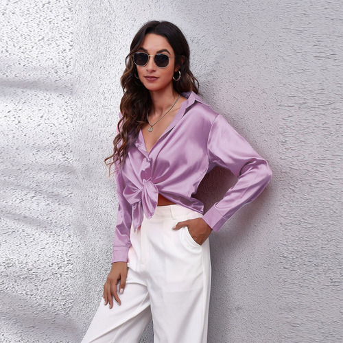 Increíble Cuello V Blusa Satén Moda Casual Elegante Diseños