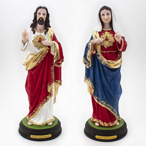 Kit Imagem Sagrado Coração De Jesus E Maria Resina 22 Cm