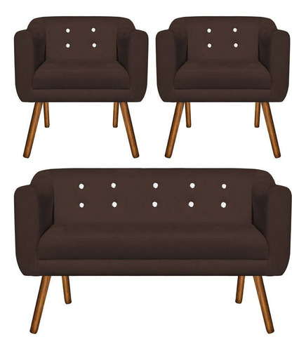 Kit Sofá Retrô E 02 Poltronas Julia Suede Marrom Com Strass