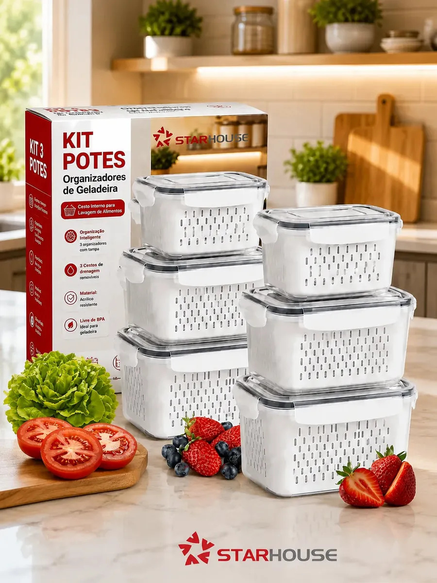 Kit 6 Organizadores Geladeira Alimentos Legumes Verduras Frutas Transparente Com Tampa Trava Hermético Escorredor - Starhouse