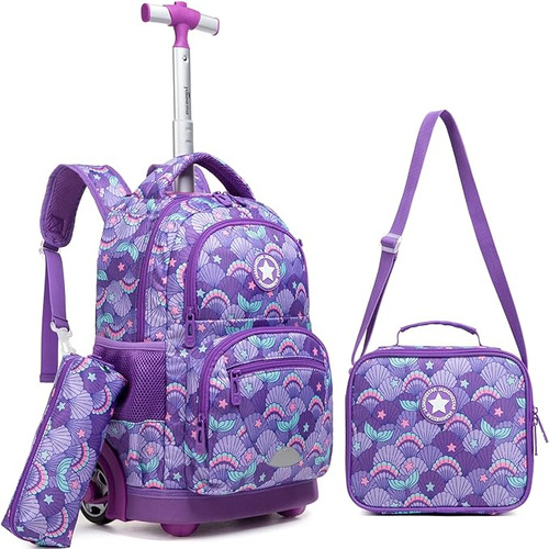 Mochila Escolar 45 Cm Con Ruedas + Lunchera +cartuchera Viol