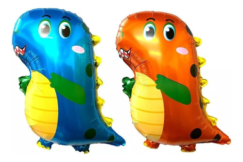 2 Globos Metalizado Dinosaurio Bebe Duo Azul Naranja Cute