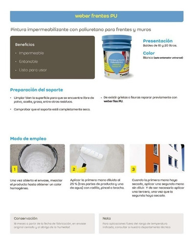 Imagen 3 de 5 de Impermeabilizante Frentes Muros Poliuretano 20k Weberdry Pu