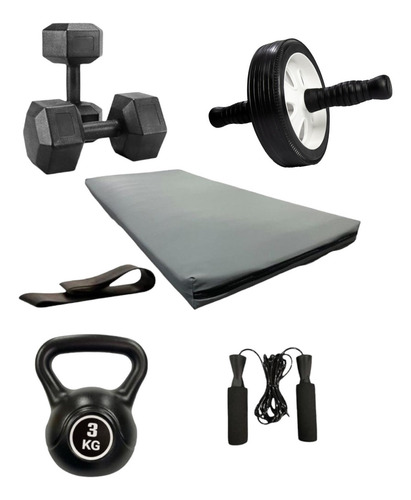 Kit Entrenamiento Gris - Colcho Pesas Rueda Soga Y Mas Dep Color Con Rueda Abdominal
