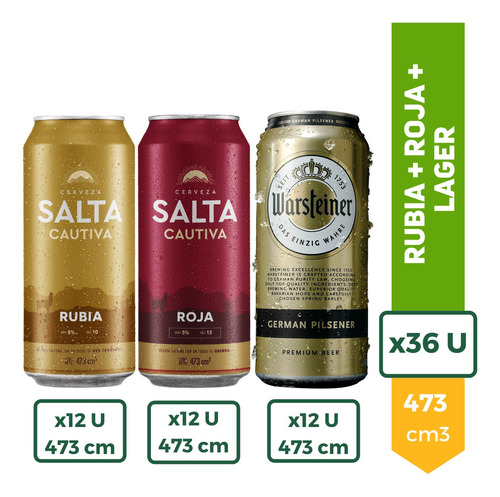 Imagen 1 de 9 de Cerveza Salta Cautiva Rubia X12 + Rojas X12 + Warsteiner X12