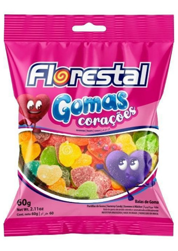 Kit Com 10 Pcts Bala De Goma Corações 60g Cada Florestal