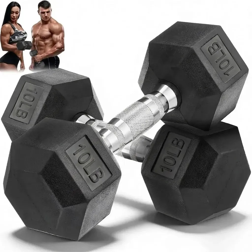 2 Mancuernas Hexagonales De Caucho 10lb Gym Color Negro Pesas Para Ejercicio En Casa Cubierta de Caucho, Mango de Acero Moleteado