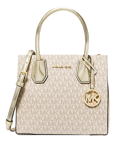 Bolsa Michael Kors Original Mercer Medium Xbody Gold com logotipo bege