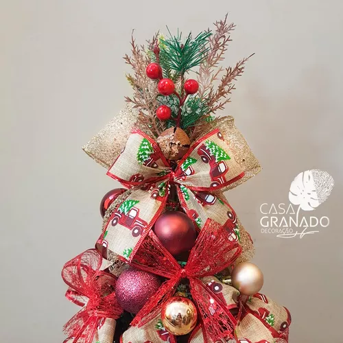 Árvore De Natal Decorada Vermelho Com Juta 60cm - Art Home Decoração