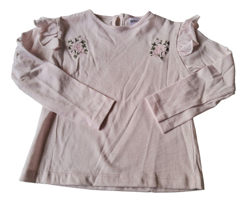 Remera Blusa Para Niñas De Algodón Rosa Flores Bordadas