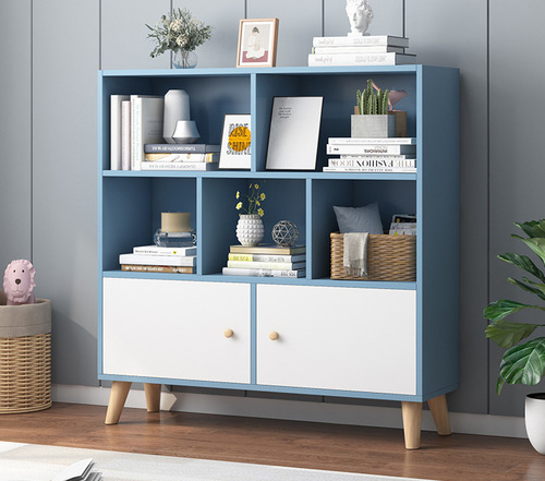 Estante Librero De Madera Con 2 Puertas Y 5 Niveles Azul Brillante