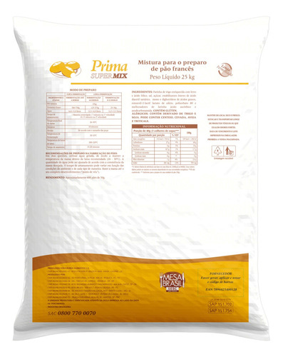 Mistura para Pão Francês Prima Supermix Saco 25kg