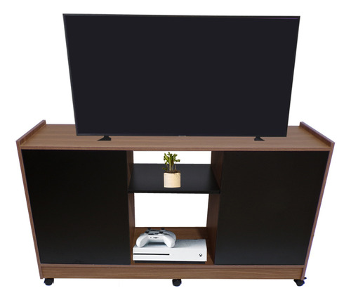 Mueble Credenza Para Tv Con Ruedas Minimalista Color Nogal Neo | Negro Mate