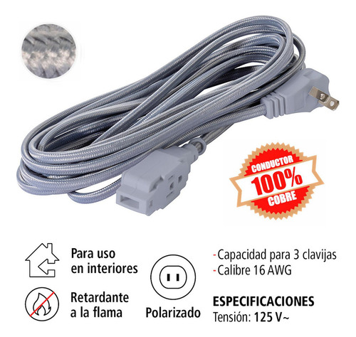Extensión Eléctrica Trenzada Iusa, Color Gris, 16 Awg, 2 M