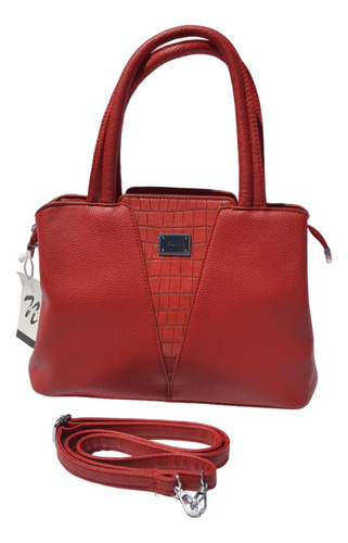 Cartera Baul Importada Semi Rigida Croco Divisiones Mediana Rojo Tramado Níquel Rojo