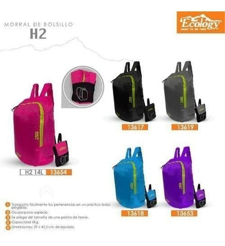 Imagen 4 de 5 de Bolso Morral De Bolsillo Plegable Unisex 14lts H2 Ecology