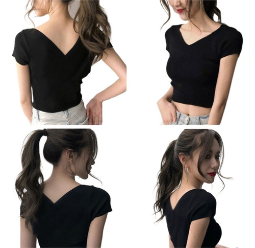 Camiseta Cuello V Doble Coreana Mc Ins For Mujeres Verano