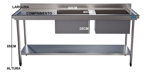 Mesa Pia Aço Inox 180x70x85 Duas Cubas Direita E Prateleira