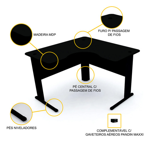 Mesa Em L P/ Escritório 120x120 Pandin Maxxi - Preto Preto