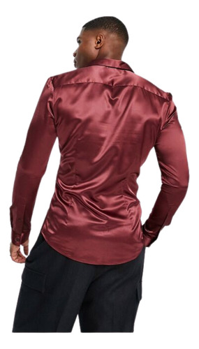 Camisas Slim Fit Modelo Satinado Moda Hombre Vino Algodón Satinado M