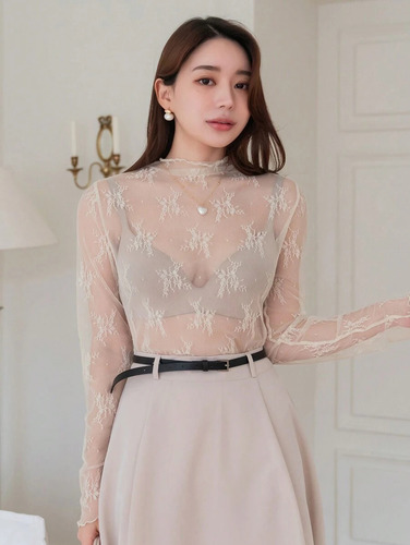 Top Blusa De Malla Encaje Transparente Basica Mujer Camiseta