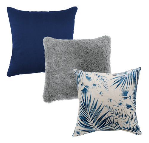 Set 3 Cojines Decorativos Rellenos Cierre 45cm Sala, Cama Azul Marino Diferentes Diseños