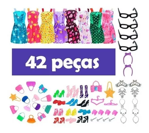 Roupa Boneca Barbie kit 42 peças AcessóriosJoias Vestidos Roupinhas oi