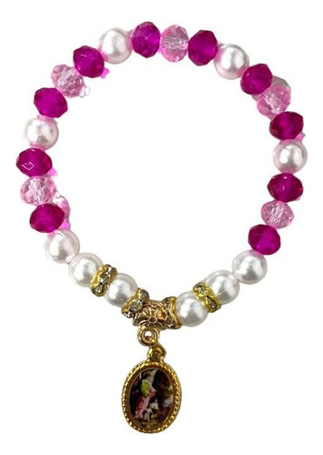 Pulseira Anjo Da Guarda Rosa Com Pérolas Cristal E Silicone