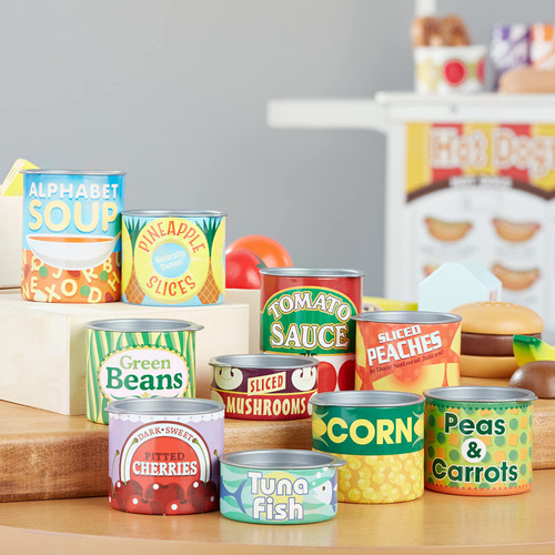 Melissa & Doug ¡juguemos De Casita! Juego De Alimentos Enlatados, Juego De Imitación, Tapas Abatibles, Construcción De Cartón Resistente (10 Latas)