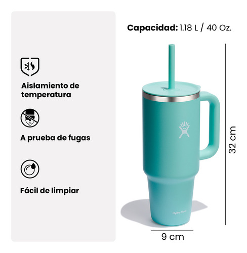 Vaso Térmico De Viaje Con Asa Y Popote Hydro Flask 40oz Frío Y Caliente Color Dew