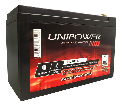 Bateria Selada Unipower Estacionária Vrla 12v 7ah Up1270e