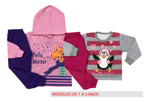Kit 3 Conjuntos Moletom Infantil Menina Roupa Inverno