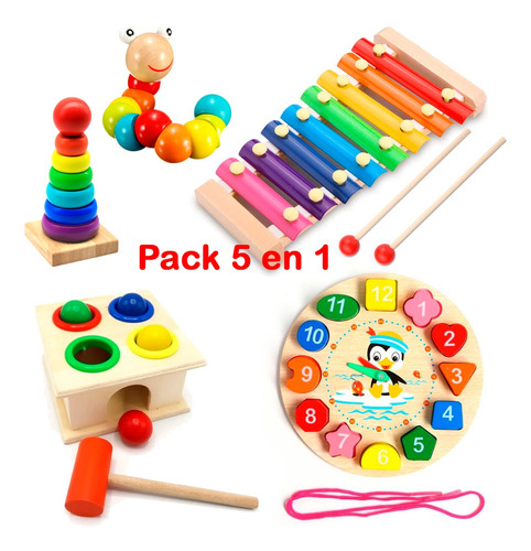 Pack 5 Juguetes Didácticos De Madera Para Niños Montessori E