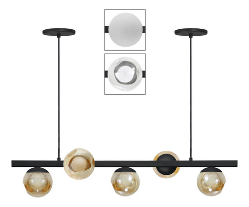 Pendente Luminalux Madrid 5 Globos 120mm Moon Trilho Moderno Estrutura Preto Globo Âmbar