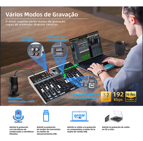 Morefand Mesa De Som 8 Canais Usb Staner Bluetooth Efeitos