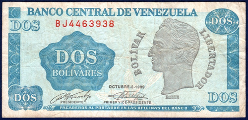 Billete 2 Bolívares Bj7 Oct 05 1989 Simón Bolívar Tinoquito
