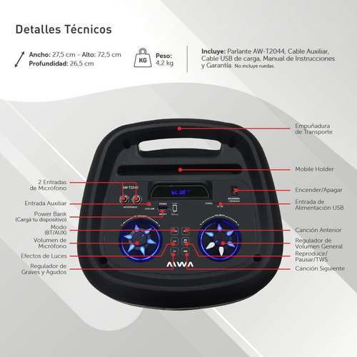 Imagen 4 de 5 de Aiwa Aw-t2040 Parlante Bluetooth Portatil Luces 6000w