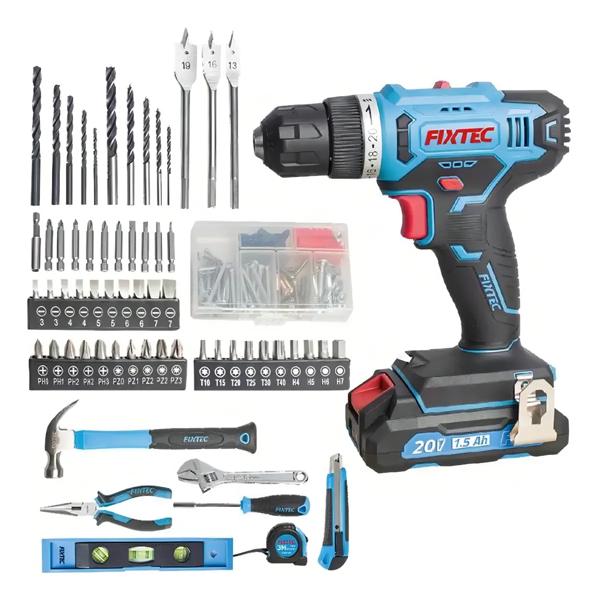 Furadeira Eletrica Sem Fio Com Kit 221pcs - Fixtec Cor Azul