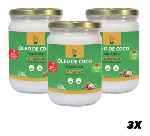 Imagem 1 de 3 de 3x Oleo De Coco 500ml Orgânico Extravirgem Hf Suplements