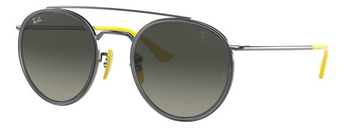 Óculos de sol Ray-Ban Round Scuderia Ferrari Collection Standard armação de metal cor polished gunmetal, lente grey de plástico degradada, haste polished gunmetal/yellow de metal - RB3647M