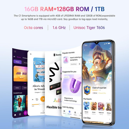Oukitel C1 Telefono Celular Inteligente Dual Sim 16(4+12)ram+128rom(+1tb Tfcard) Andriod 15 5150mah T606 6.52in Hd+ Moda Ligera/fingerprint/gps/otg/fm