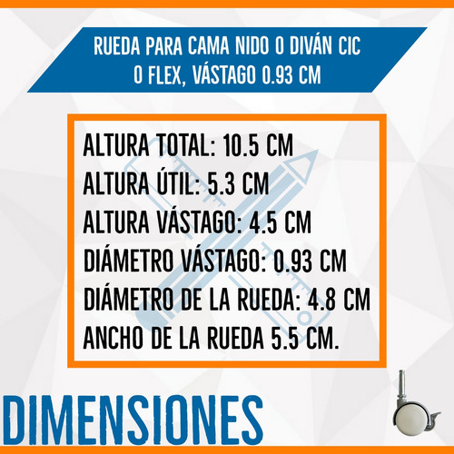 Imagen 2 de 5 de Ruedas Para Cama Nido O Diván Cic, Vástago 0.93 Cm Y 1,2 Cm