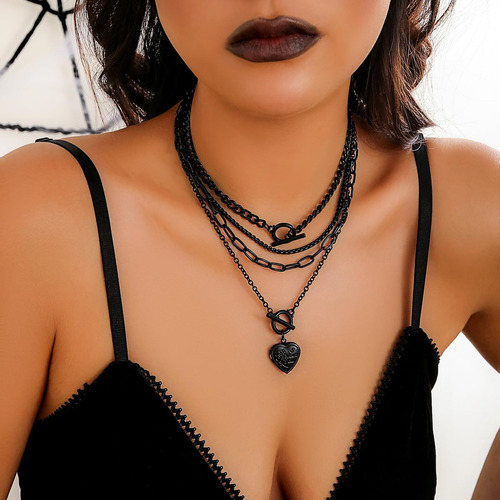 Collar Punk Negro Con Corazón Y Estrella, Ajustable En Capas