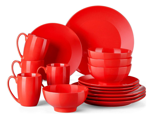 Vajilla Elegante Negro Mate Para 4 Personas 16 Piezas Color Rojo Lisa