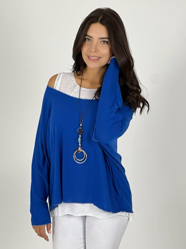 Polera Doble Con Collar Y Bolsillo Azul