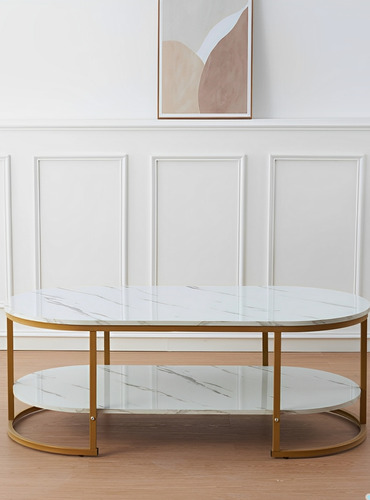 Mesa De Centro De Lujo 2 Niveles Estilo Mármol Brillante