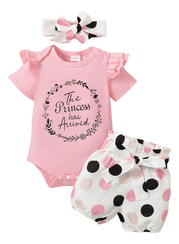 3pcs Conjunto Bebé Con Mameluco Shorts De Lunares Y Diadema Rosa 6-9 M