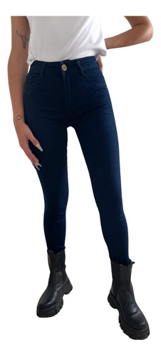 Jeans Tiro Alto Elastizado Mujer Chupin Azul Bolsillos Coleg