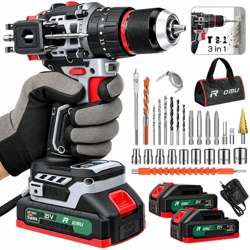 Parafusadeira Furadeira De Impacto Sem Fio Brushless 10MM Mandril Bivolt Com 2 Baterias Recarregáveis