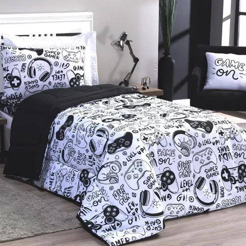 Saia de cama de jogos para meninos adolescentes decoração de sala de jogos  infantil saias de cama gamepad saia de cama gamer preto azul búfalo xadrez  envelope saia de cama com 2